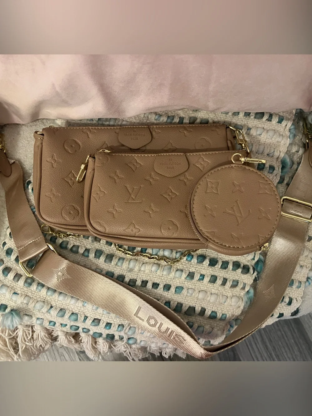 INSPIRED Tan Monogram Embossed Multi Pochette Bag with Gold Hardware
